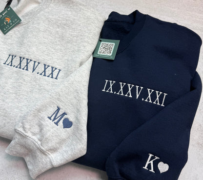 Custom Anniversary Sweatshirt with Roman Numerals & Initials | Matching Couple Sweatshirt | Personalized Embroidered Date Sweater
