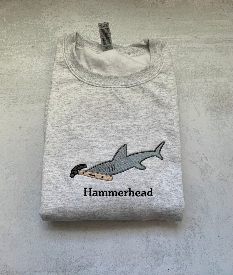 Funny "Hammerhead" Shark Embroidered Sweatshirt | Punny Animal Crewneck | Cute Shark Pun Gift for Ocean Lovers & DIY Fans