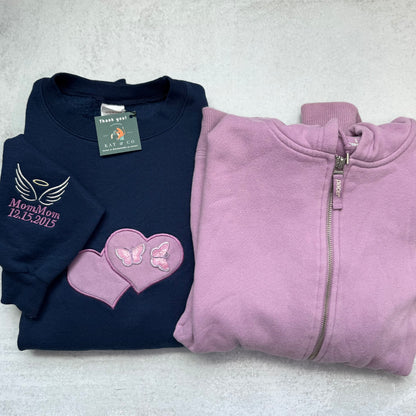 Custom Remembrance Sweatshirt with Two Heart Appliqué & Optional Sleeve, Name, and Date Embroidery | Memorial Keepsake Made from Loved One’s Clothing
