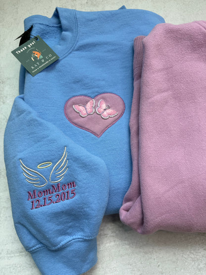 Custom Remembrance Sweatshirt with Heart Appliqué & Optional Sleeve, Name, and Date Embroidery | Memorial Keepsake Made from Loved One’s Clothing