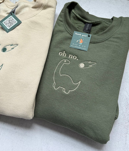 "oh no." Dinosaur Embroidered Sweatshirt | Funny Minimalist Dino with Meteor | Dark Humor Gift for Adults