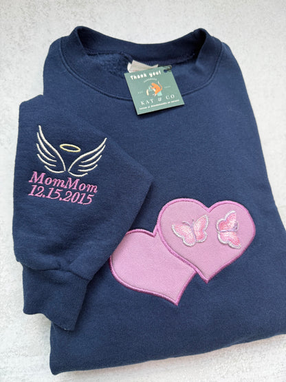 Custom Remembrance Sweatshirt with Two Heart Appliqué & Optional Sleeve, Name, and Date Embroidery | Memorial Keepsake Made from Loved One’s Clothing