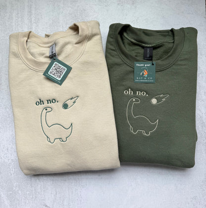 "oh no." Dinosaur Embroidered Sweatshirt | Funny Minimalist Dino with Meteor | Dark Humor Gift for Adults