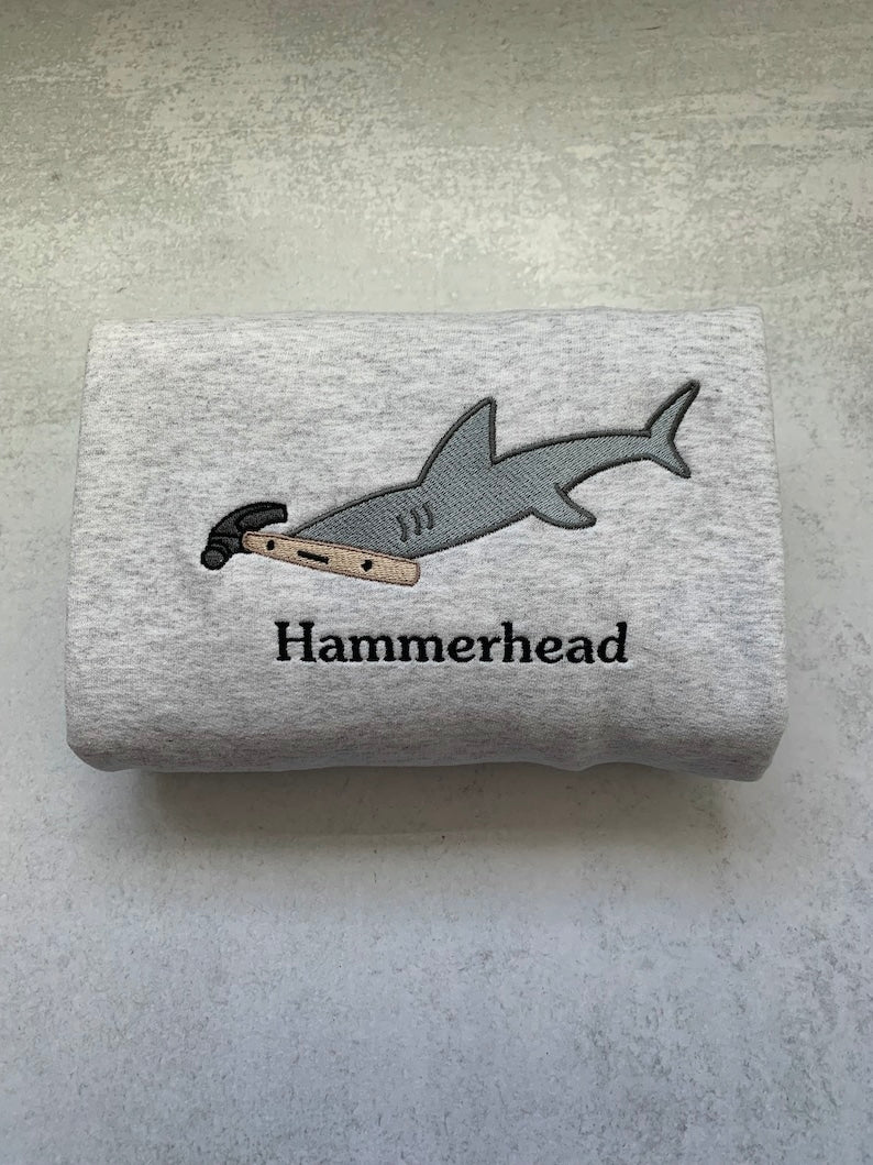Funny "Hammerhead" Shark Embroidered Sweatshirt | Punny Animal Crewneck | Cute Shark Pun Gift for Ocean Lovers & DIY Fans