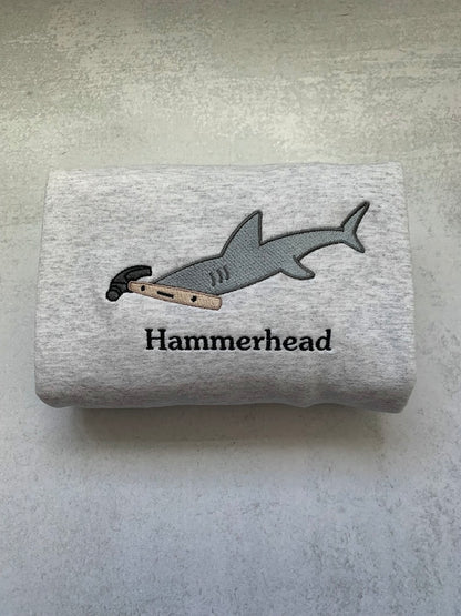 Funny "Hammerhead" Shark Embroidered Sweatshirt | Punny Animal Crewneck | Cute Shark Pun Gift for Ocean Lovers & DIY Fans