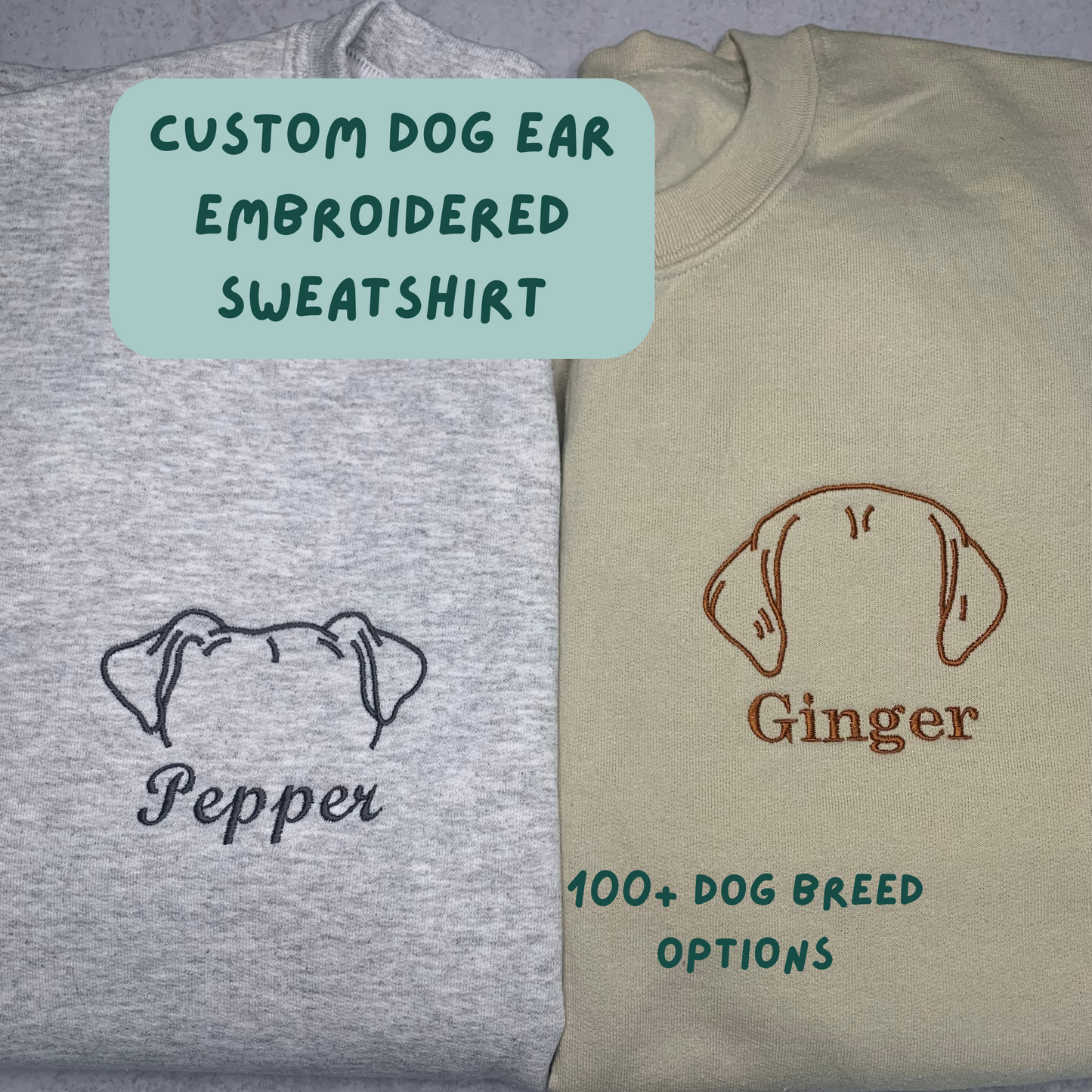 Custom Dog Ear Embroidered Sweatshirt – Personalized with Pet Name & Breed | Dog Mom Gift | Minimal Pet Keepsake