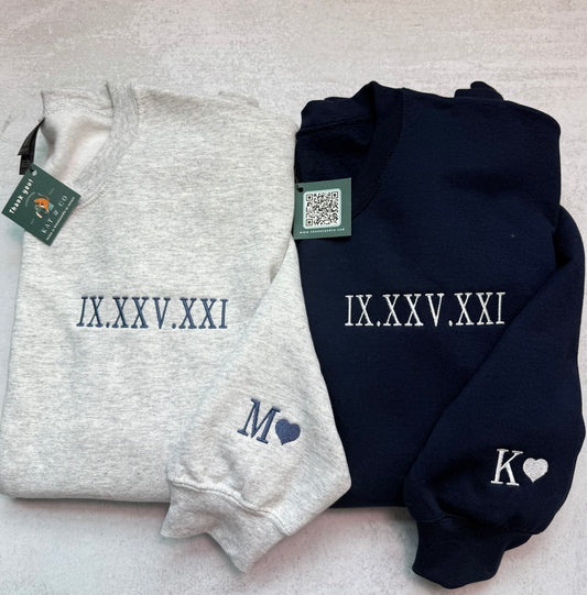 Custom Anniversary Sweatshirt with Roman Numerals & Initials | Matching Couple Sweatshirt | Personalized Embroidered Date Sweater