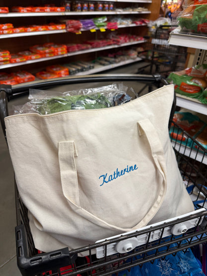 Custom Embroidered Canvas Tote Bag w Zipper – Personalized Name, Monogram, or Saying – Bridesmaid Gift, Overnight Bag, Reusable Grocery Tote