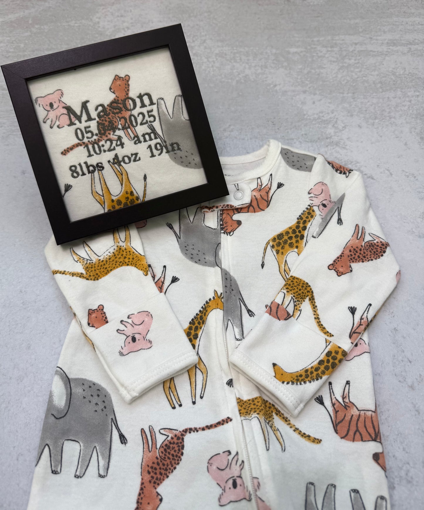 Custom Birth Stat Keepsake Frame 5 in by 5 in – Baby Outfit Memory Gift with Personalized Embroidery