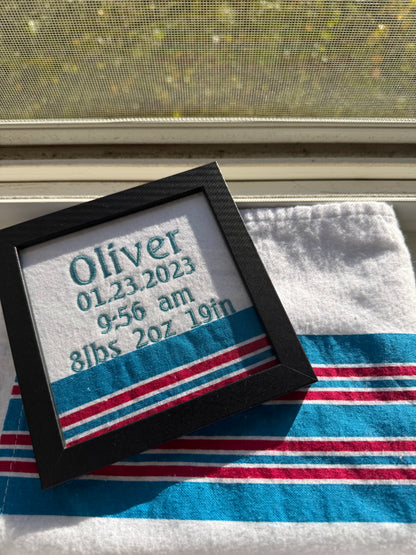 Custom Birth Stat Keepsake Frame 5 in by 5 in – Baby Outfit Memory Gift with Personalized Embroidery