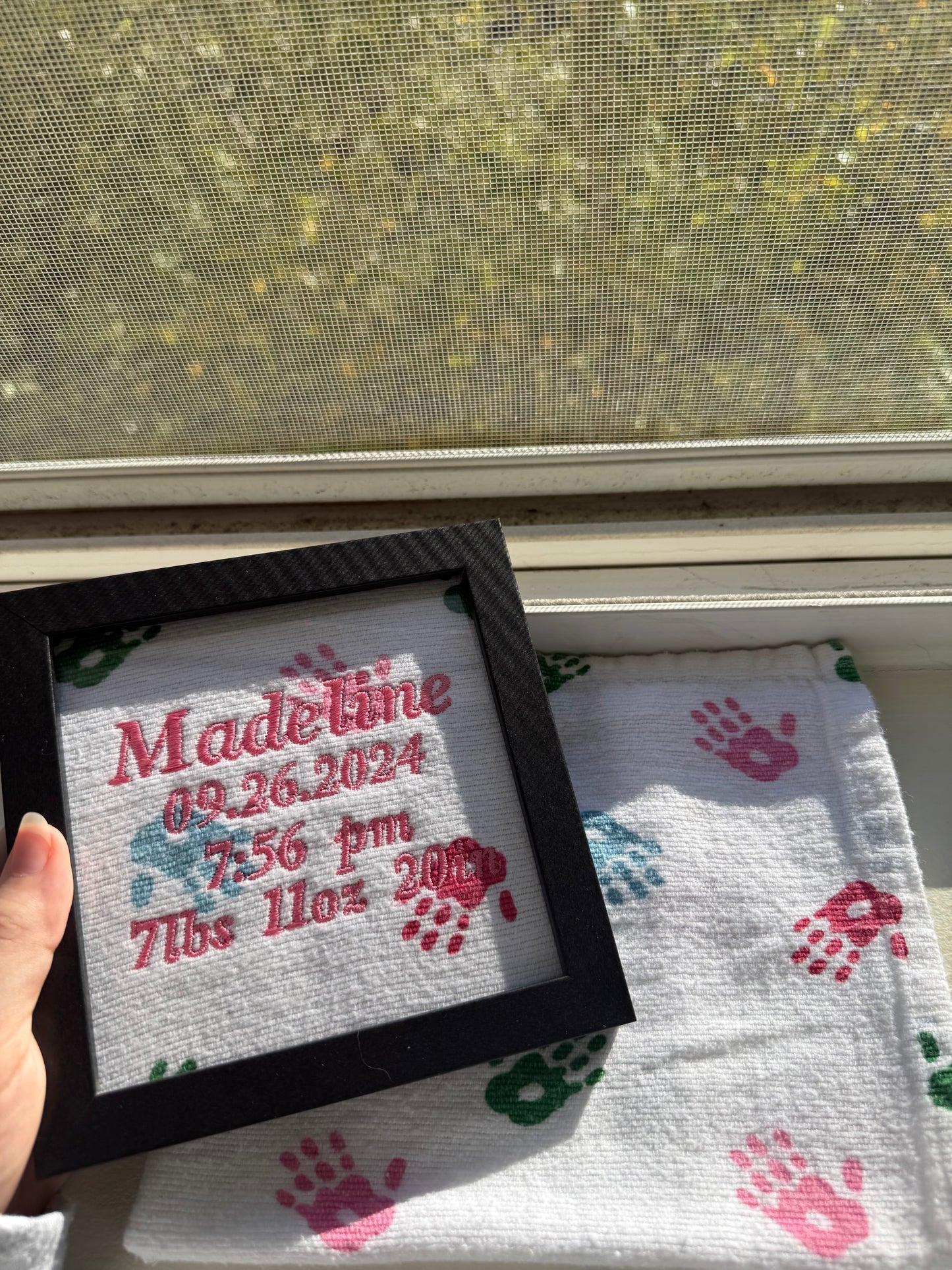 Custom Birth Stat Keepsake Frame 5 in by 5 in – Baby Outfit Memory Gift with Personalized Embroidery