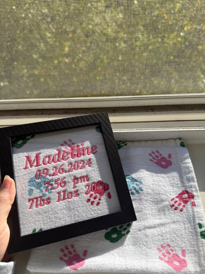 Custom Birth Stat Keepsake Frame 5 in by 5 in – Baby Outfit Memory Gift with Personalized Embroidery