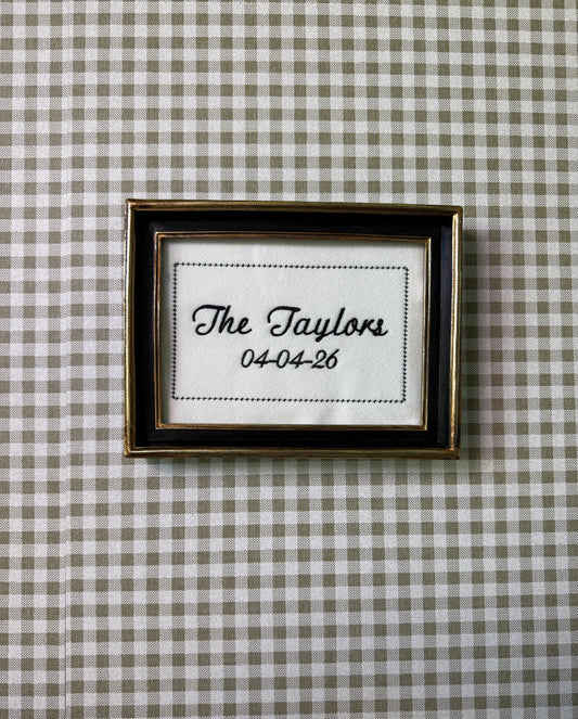 Personalized Embroidered Wedding Frame | Custom Last Name & Date Keepsake | Minimalist Wedding Gift | Fabric from Wedding Dress Option