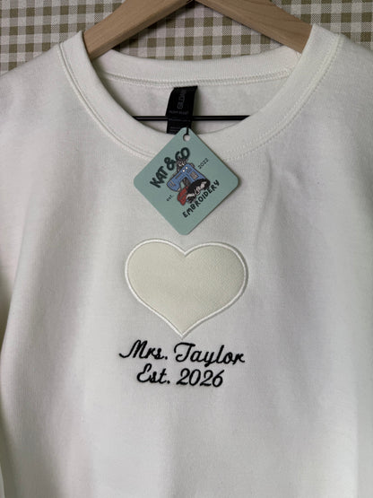 Custom Embroidered Wedding Sweatshirt | Personalized Bride Crewneck | Wedding Date & Last Name | Appliqué Heart from Wedding Dress Fabric