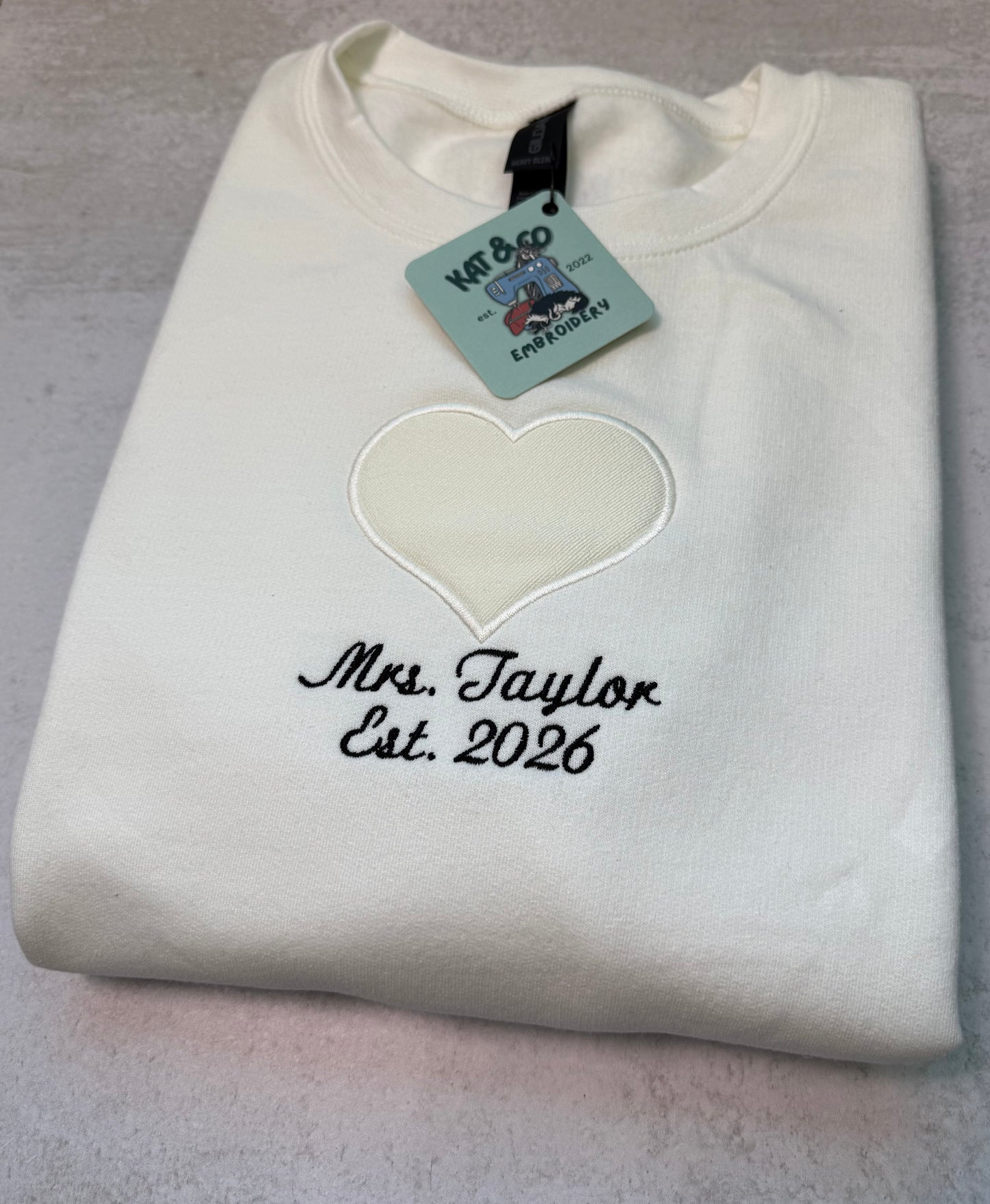 Custom Embroidered Wedding Sweatshirt | Personalized Bride Crewneck | Wedding Date & Last Name | Appliqué Heart from Wedding Dress Fabric