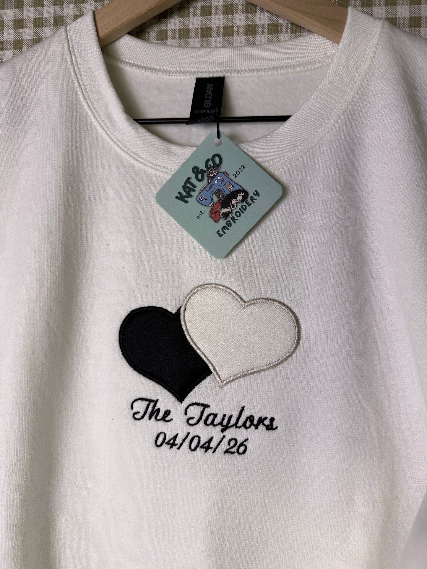 Custom Embroidered Wedding Sweatshirt | Personalized Bride Crewneck | Wedding Date & Last Name | Appliqué Heart from Wedding Dress Fabric