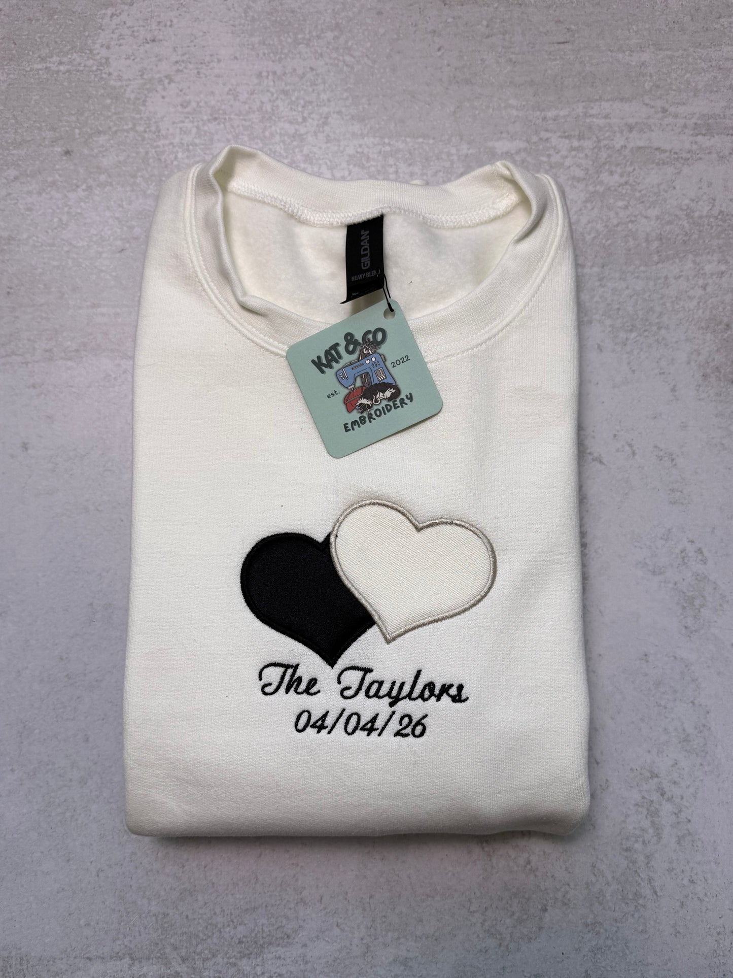 Custom Embroidered Wedding Sweatshirt | Personalized Bride Crewneck | Wedding Date & Last Name | Appliqué Heart from Wedding Dress Fabric