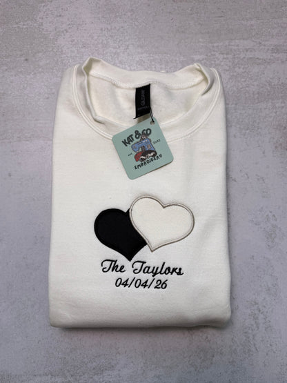 Custom Embroidered Wedding Sweatshirt | Personalized Bride Crewneck | Wedding Date & Last Name | Appliqué Heart from Wedding Dress Fabric
