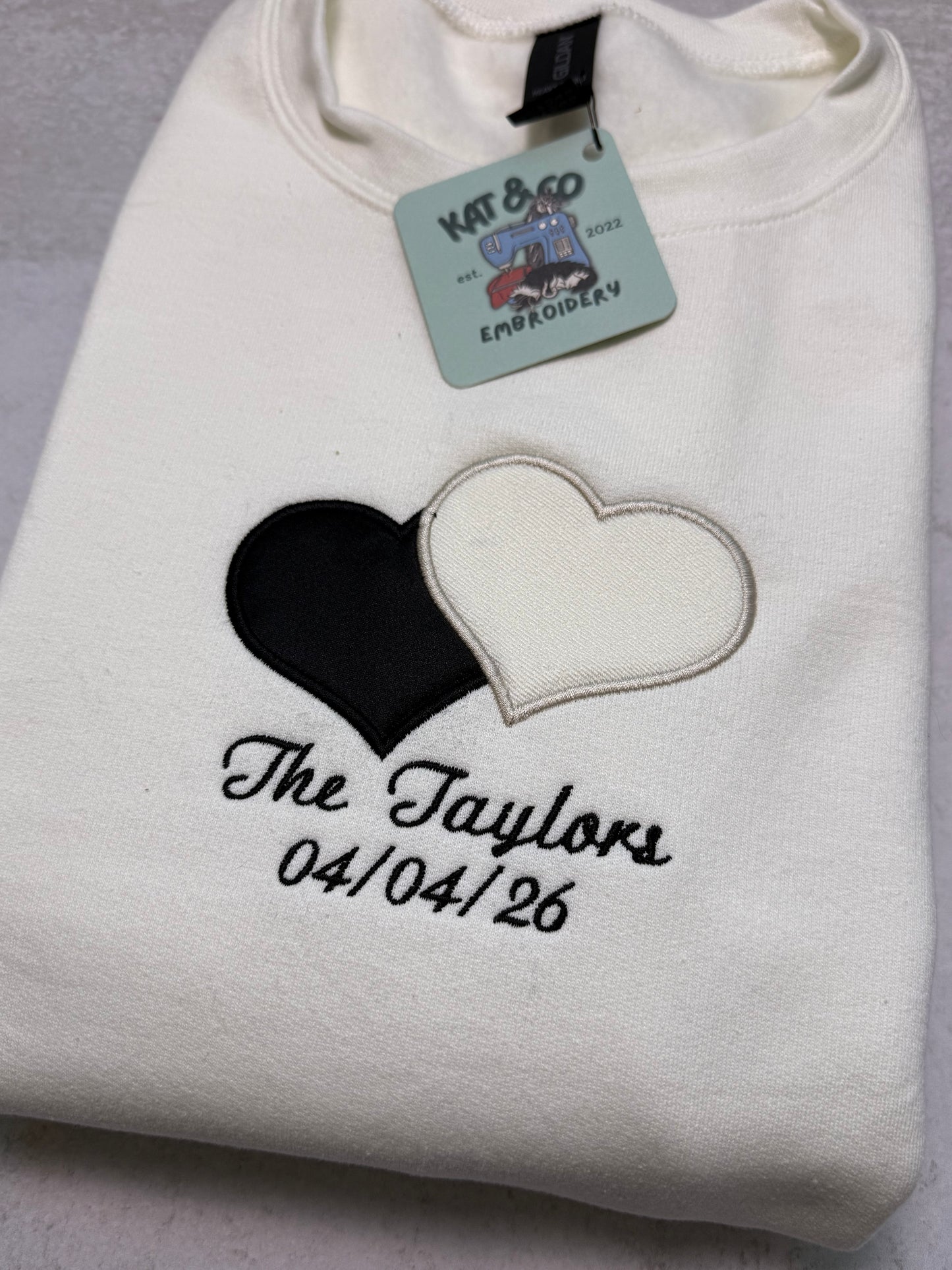 Custom Embroidered Wedding Sweatshirt | Personalized Bride Crewneck | Wedding Date & Last Name | Appliqué Heart from Wedding Dress Fabric