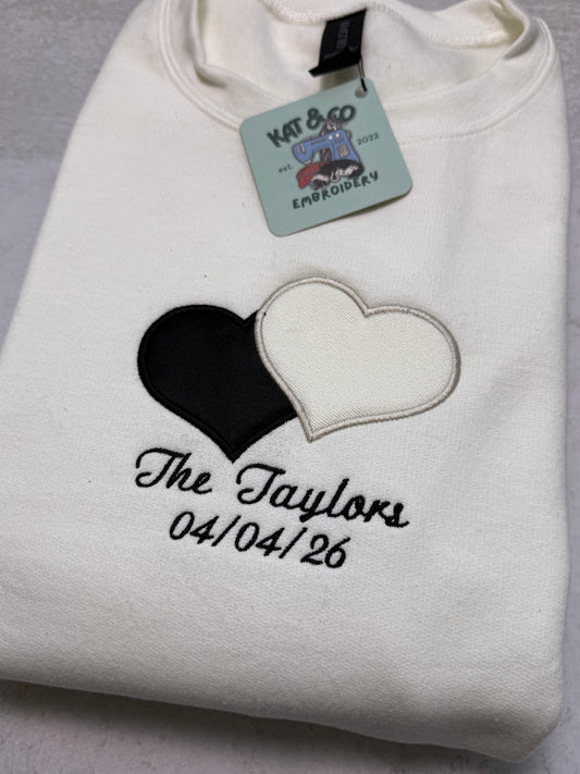 Custom Embroidered Wedding Sweatshirt | Personalized Bride Crewneck | Wedding Date & Last Name | Appliqué Heart from Wedding Dress Fabric