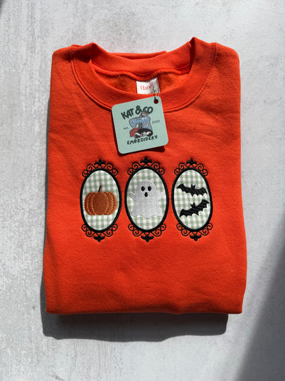 Halloween Sweatshirt – Vintage Pumpkin Ghost & Bats Crewneck, Spooky Gingham Appliqué Sweatshirt, Cute Halloween Outfit, Fall Top