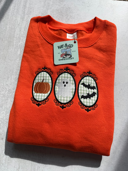 Halloween Sweatshirt – Vintage Pumpkin Ghost & Bats Crewneck, Spooky Gingham Appliqué Sweatshirt, Cute Halloween Outfit, Fall Top