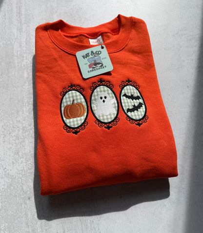 Halloween Sweatshirt – Vintage Pumpkin Ghost & Bats Crewneck, Spooky Gingham Appliqué Sweatshirt, Cute Halloween Outfit, Fall Top