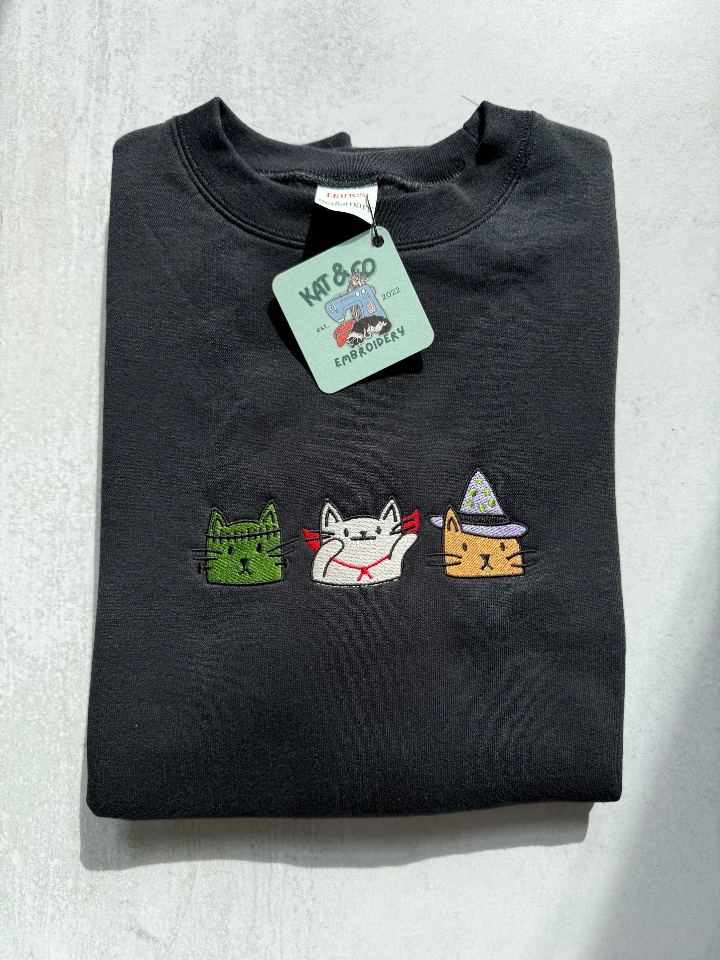 Halloween Cat Sweatshirt – Embroidered Spooky Cats Crewneck, Cute Halloween Shirt, Witch Cat & Mummy Cat Sweatshirt, Fall Cat Lover Gift