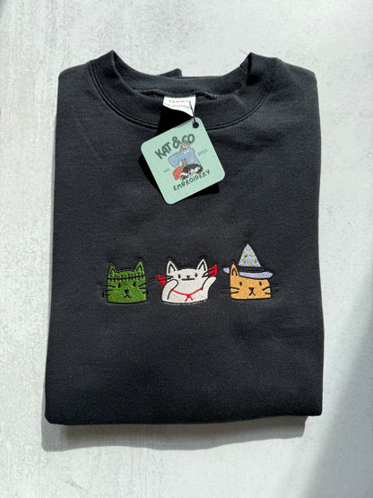 Halloween Cat Sweatshirt – Embroidered Spooky Cats Crewneck, Cute Halloween Shirt, Witch Cat & Mummy Cat Sweatshirt, Fall Cat Lover Gift