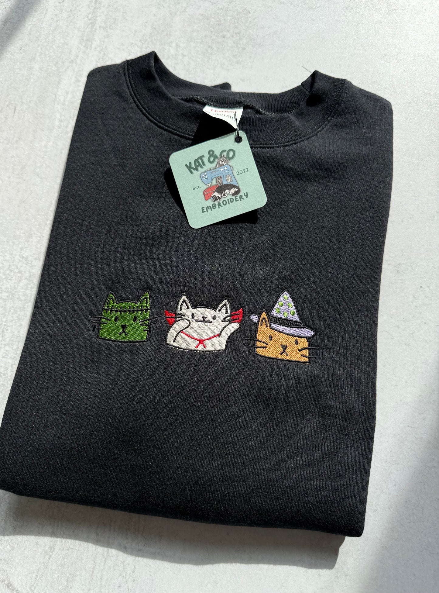 Halloween Cat Sweatshirt – Embroidered Spooky Cats Crewneck, Cute Halloween Shirt, Witch Cat & Mummy Cat Sweatshirt, Fall Cat Lover Gift