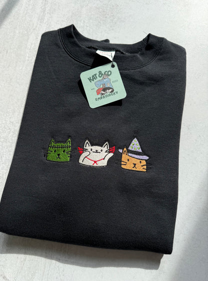 Halloween Cat Sweatshirt – Embroidered Spooky Cats Crewneck, Cute Halloween Shirt, Witch Cat & Mummy Cat Sweatshirt, Fall Cat Lover Gift