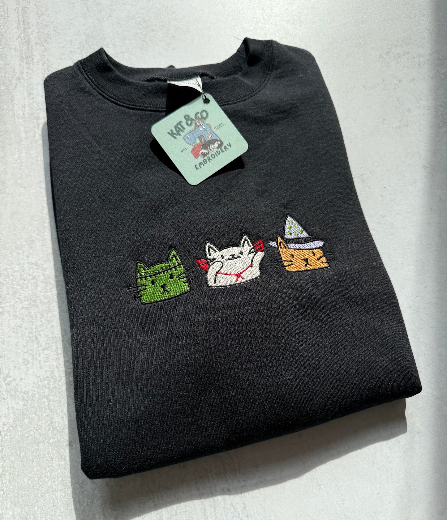 Halloween Cat Sweatshirt – Embroidered Spooky Cats Crewneck, Cute Halloween Shirt, Witch Cat & Mummy Cat Sweatshirt, Fall Cat Lover Gift