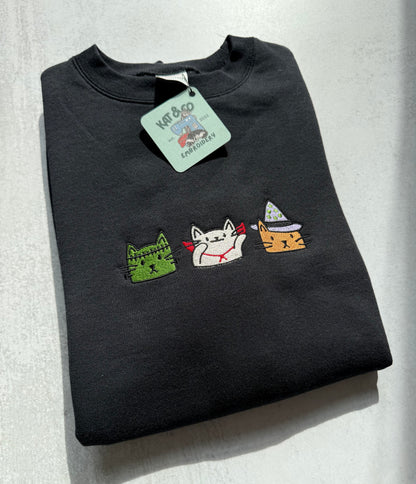 Halloween Cat Sweatshirt – Embroidered Spooky Cats Crewneck, Cute Halloween Shirt, Witch Cat & Mummy Cat Sweatshirt, Fall Cat Lover Gift