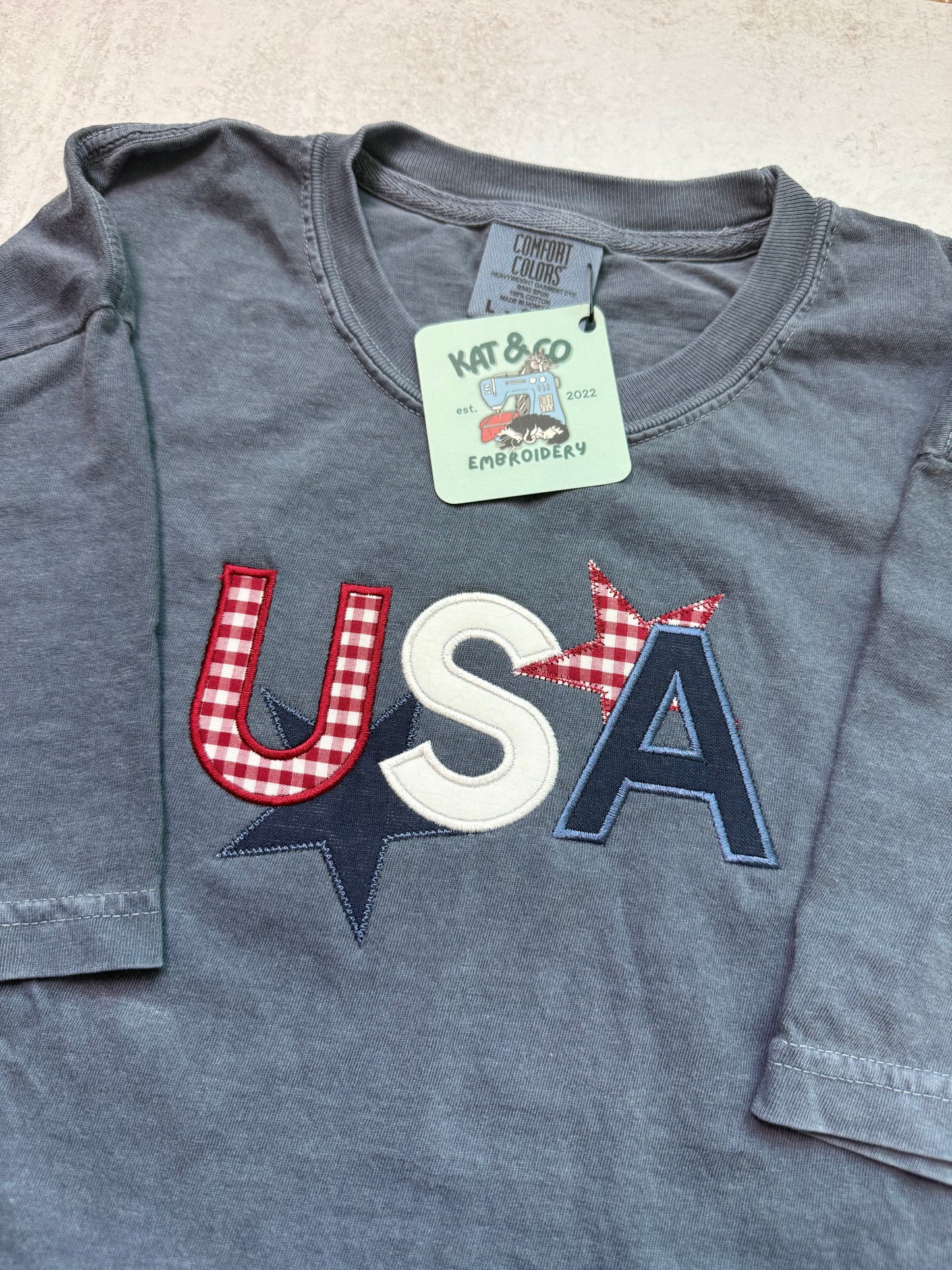 USA Gingham T-shirt – Patriotic Star Appliqué T-shirt, Americana USA Shirt, Fourth of July Tee, Red White & Blue Top