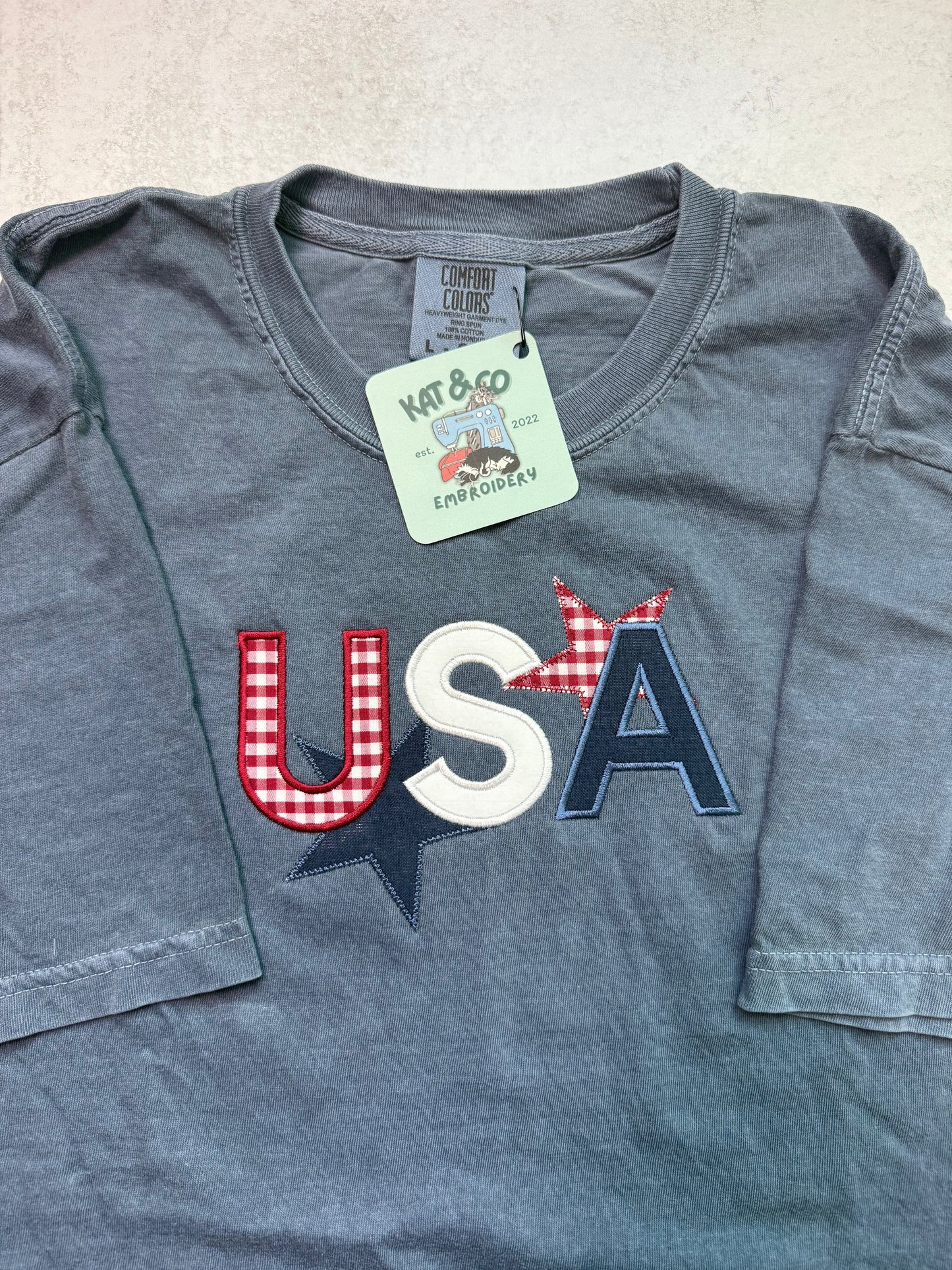 USA Gingham T-shirt – Patriotic Star Appliqué T-shirt, Americana USA Shirt, Fourth of July Tee, Red White & Blue Top