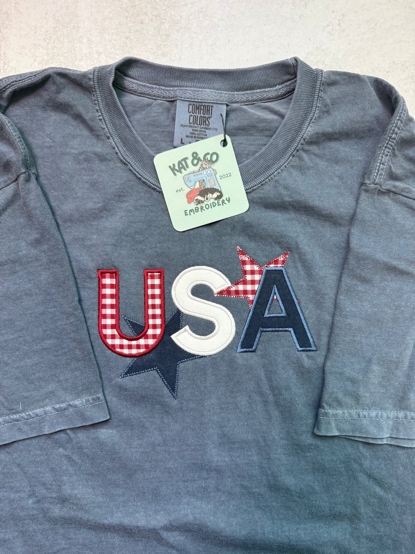 USA Gingham T-shirt – Patriotic Star Appliqué T-shirt, Americana USA Shirt, Fourth of July Tee, Red White & Blue Top