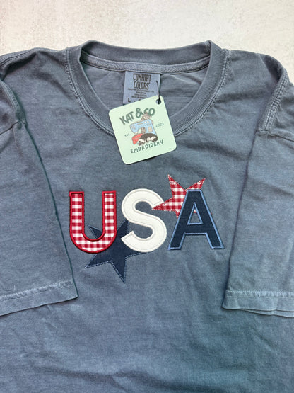 USA Gingham T-shirt – Patriotic Star Appliqué T-shirt, Americana USA Shirt, Fourth of July Tee, Red White & Blue Top