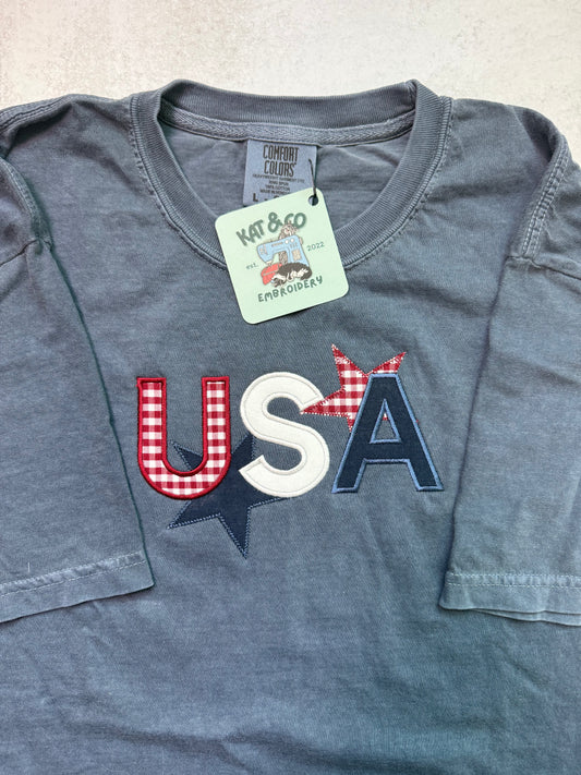 USA Gingham T-shirt – Patriotic Star Appliqué T-shirt, Americana USA Shirt, Fourth of July Tee, Red White & Blue Top
