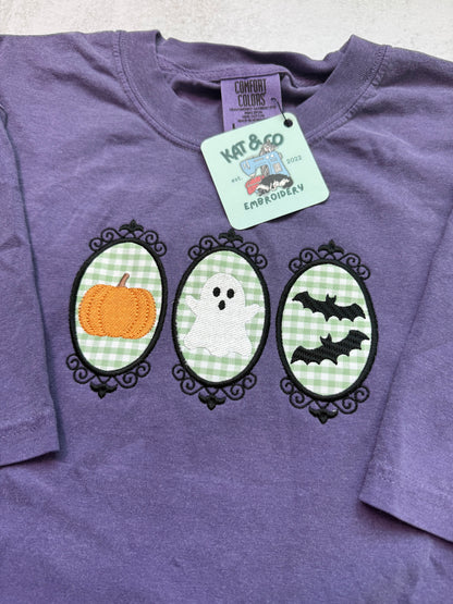Halloween T-shirt – Vintage Pumpkin Ghost & Bats Tee, Spooky Gingham Appliqué T-shirt, Cute Halloween Outfit, Fall Top