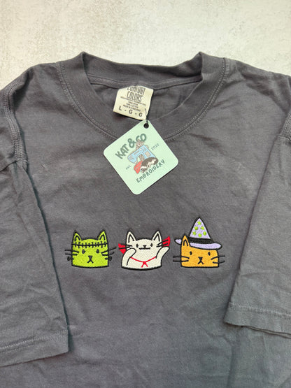Halloween Cat T-shirt – Embroidered Spooky Cats Tee, Cute Halloween Shirt, Witch Cat & Mummy Cat T-shirt, Fall Cat Lover Gift