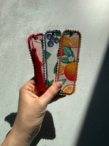 Reversible Fabric Bookmark, Handmade Book Lover Gift, Double Sided Fruit Print Bookmark, Cute Quilted Bookmark, Tassel Bookmark