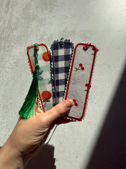 Reversible Fabric Bookmark, Handmade Book Lover Gift, Double Sided Fruit Print Bookmark, Cute Quilted Bookmark, Tassel Bookmark