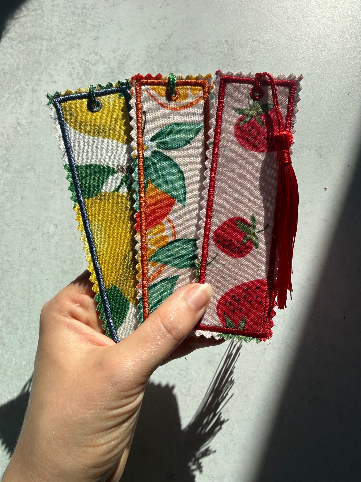 Reversible Fabric Bookmark, Handmade Book Lover Gift, Double Sided Fruit Print Bookmark, Cute Quilted Bookmark, Tassel Bookmark