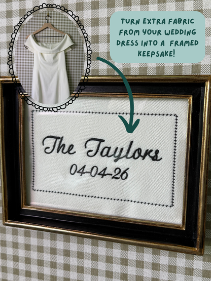 Personalized Embroidered Wedding Frame | Custom Last Name & Date Keepsake | Minimalist Wedding Gift | Fabric from Wedding Dress Option