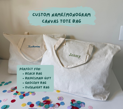 Custom Embroidered Canvas Tote Bag w Zipper – Personalized Name, Monogram, or Saying – Bridesmaid Gift, Overnight Bag, Reusable Grocery Tote