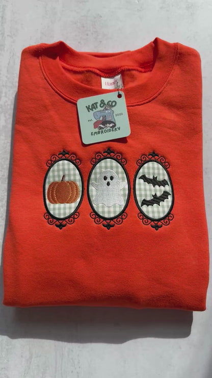 Halloween Sweatshirt – Vintage Pumpkin Ghost & Bats Crewneck, Spooky Gingham Appliqué Sweatshirt, Cute Halloween Outfit, Fall Top