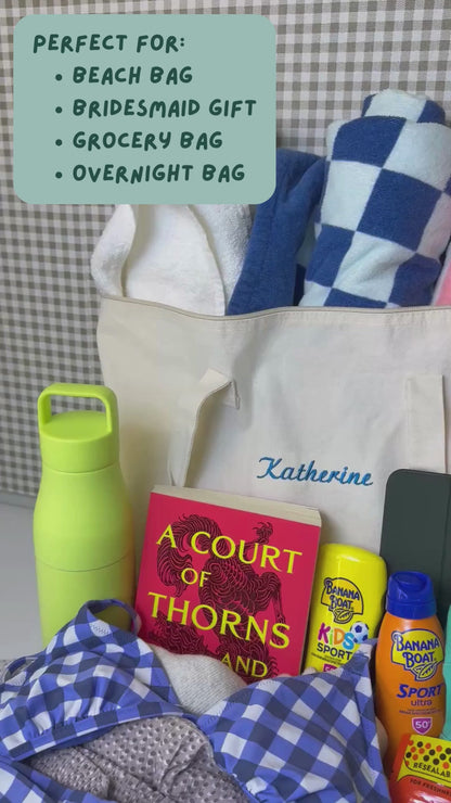 Custom Embroidered Canvas Tote Bag w Zipper – Personalized Name, Monogram, or Saying – Bridesmaid Gift, Overnight Bag, Reusable Grocery Tote