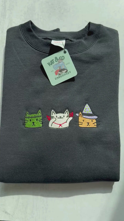 Halloween Cat Sweatshirt – Embroidered Spooky Cats Crewneck, Cute Halloween Shirt, Witch Cat & Mummy Cat Sweatshirt, Fall Cat Lover Gift