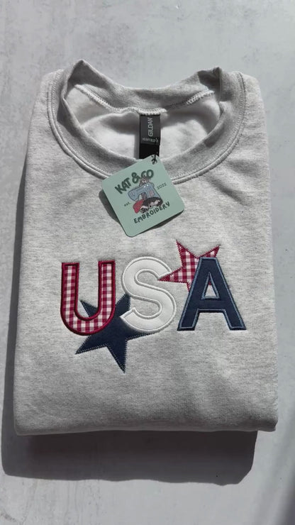 USA Gingham Sweatshirt – Patriotic Star Appliqué Crewneck, Americana USA Shirt, Fourth of July Sweatshirt, Red White & Blue Top